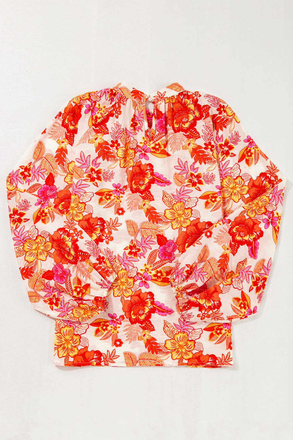 Orange Floral Print Pearl Button Keyhole Long Puff Sleeve Blouse - Image 6