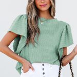 Moonlight Jade Solid Color Textured Flutter Sleeve Top