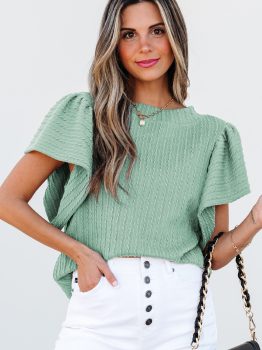 Moonlight Jade Solid Color Textured Flutter Sleeve Top