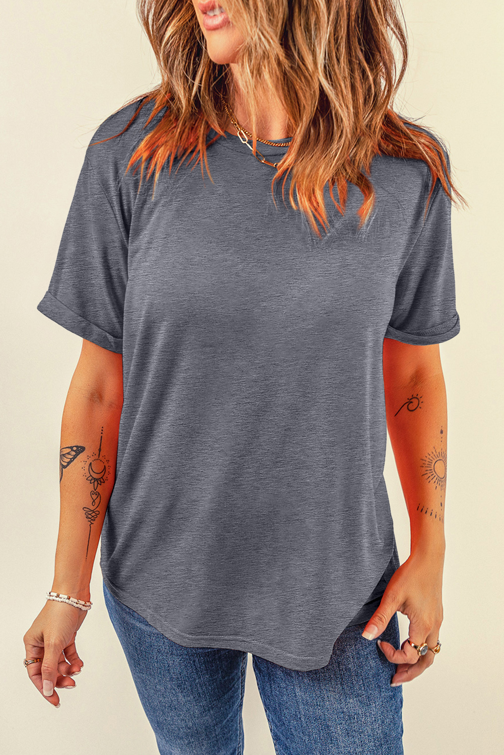 Gray Casual Plain Crew Neck Tee - Image 6