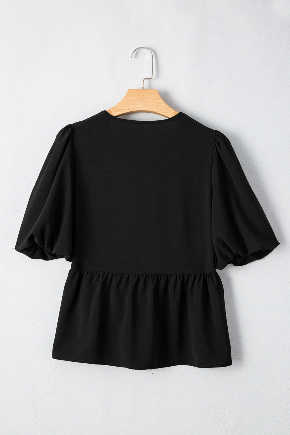 Black Puff Sleeve Bowknot Front Peplum Blouse - Image 8