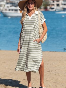 Green Stripe Collared V Neck Short Sleeve T Shirt Midi Dress with Pockets