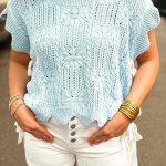 Beau Blue Pointelle Knit Patterned Scalloped Trim Short Sleeve Sweater