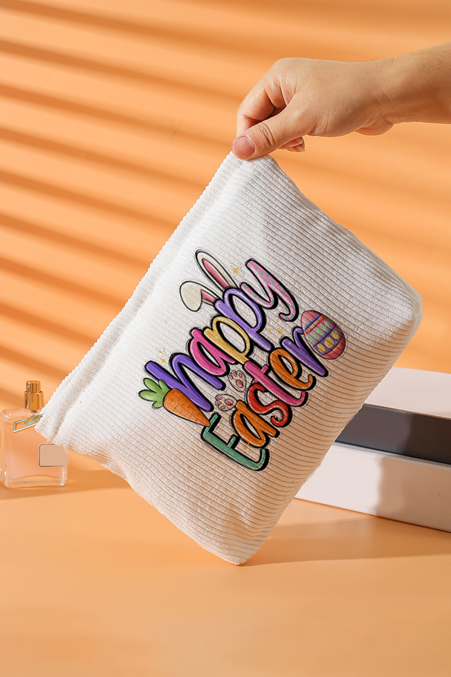 White Happy Easter Playful Printed Corduroy Makeup Bag - Image 2