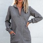 Dark Grey Zip up Collared Ribbed Patchwork Sweatshirt Dress with Pockets