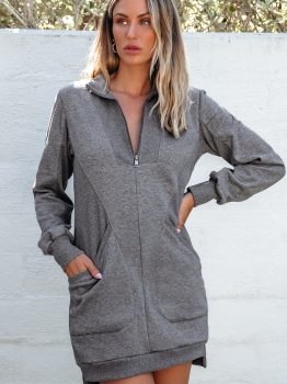 Dark Grey Zip up Collared Ribbed Patchwork Sweatshirt Dress with Pockets