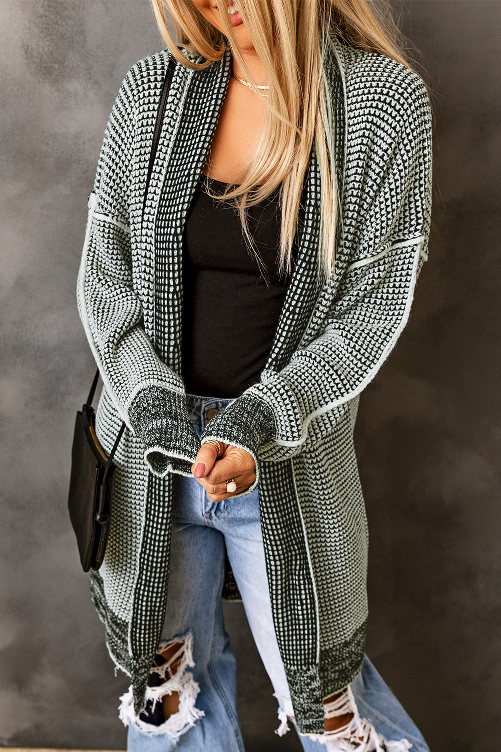 Gray Plaid Knitted Long Open Front Cardigan - Image 4