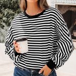 Black Stripe Exposed Seam Drop Shoulder Casual Pullover Top