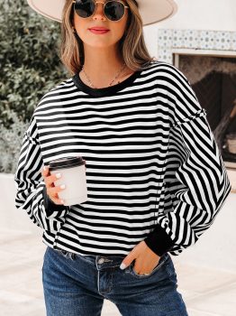 Black Stripe Exposed Seam Drop Shoulder Casual Pullover Top