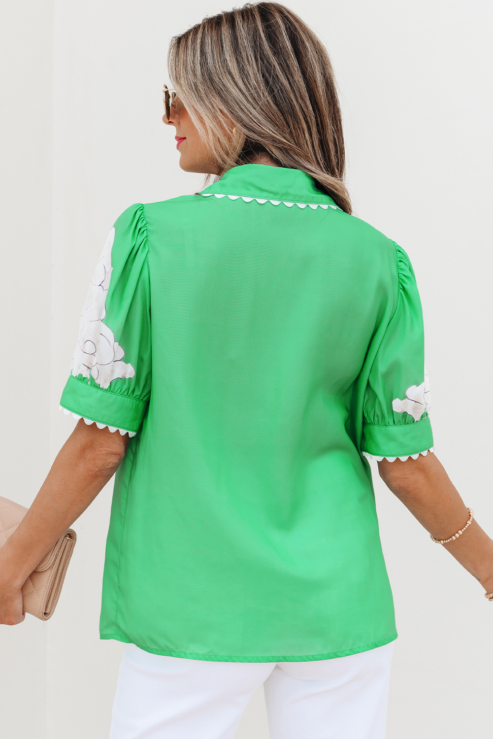 Green Floral Ric Rac Edge Puff Sleeve Button Up Summer Shirt - Image 2