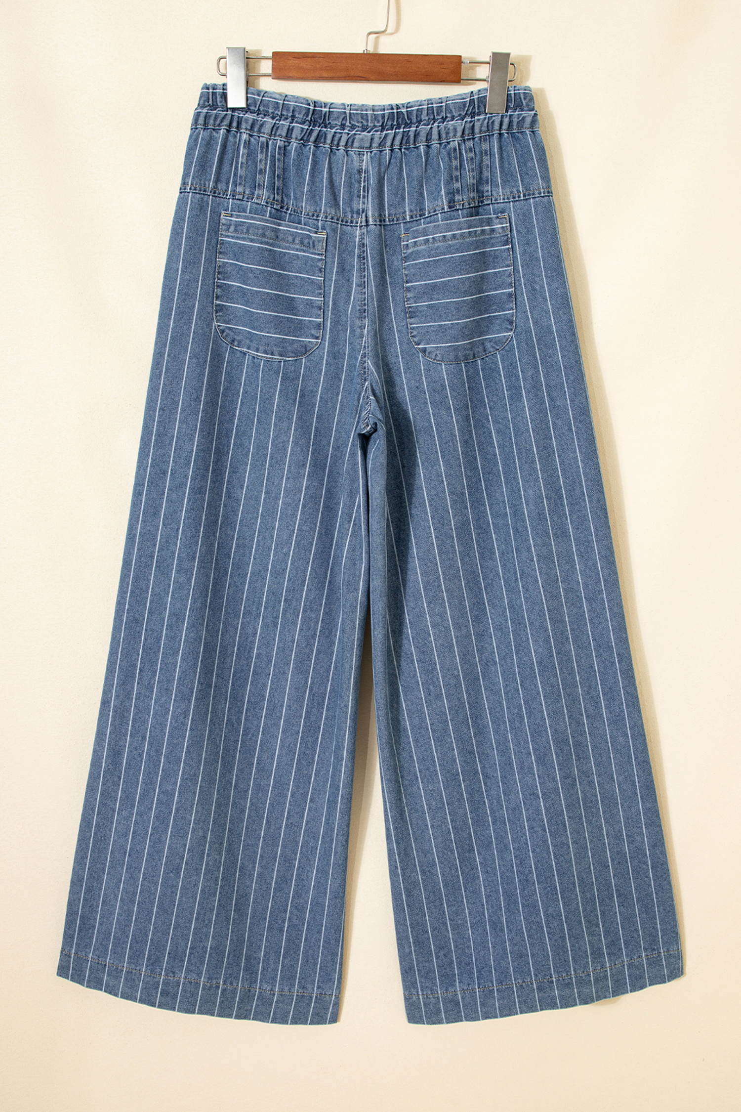Sky Blue Stripe Button Pleated Drawstring Waist Casual Wide Leg Jeans - Image 7