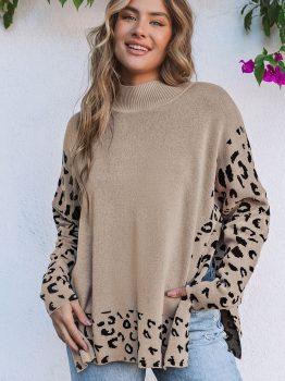 Khaki Leopard High Neck Side Slit Oversized Sweater
