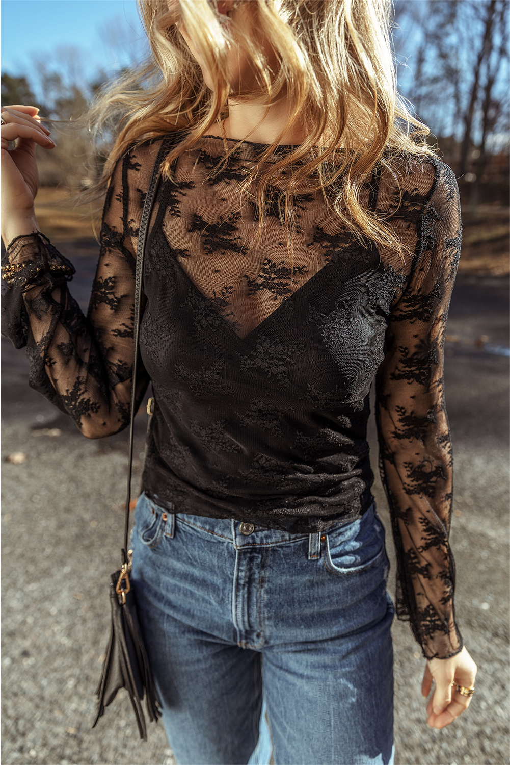 Black Lace Mesh Crochet Splicing Slim Fit Long Sleeve Blouse - Image 7