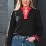 Black Striped Trim Ruffle Split Neck Long Sleeve Blouse