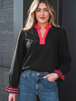 Black Striped Trim Ruffle Split Neck Long Sleeve Blouse