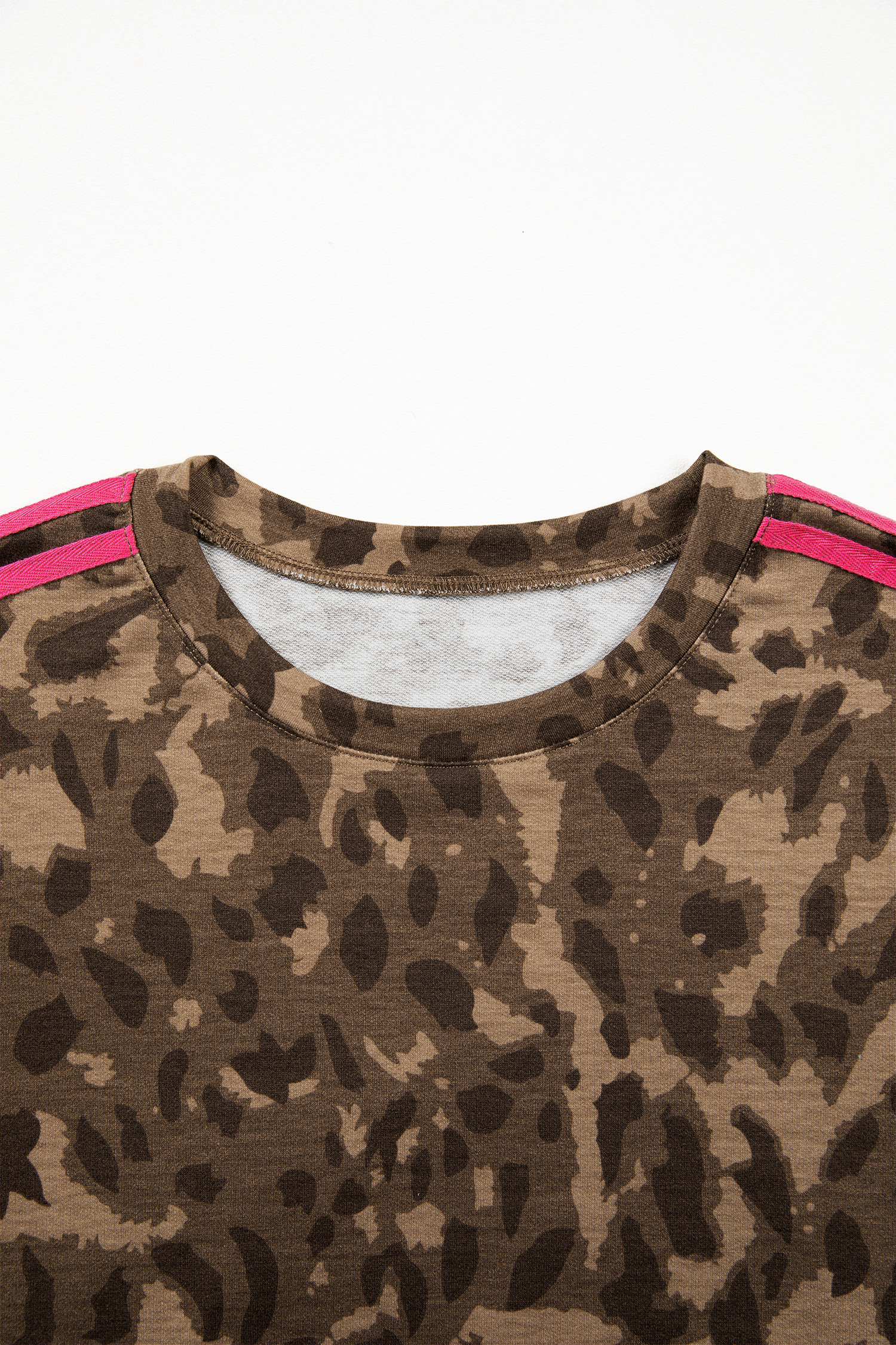 Brown Loose Contrast Striped Accent Leopard T Shirt Mini Dress with Pockets - Image 4