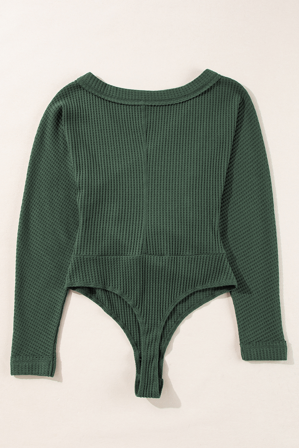 Blackish Green Waffle Knit Slim Fit Wrap V Neck Bodysuit - Image 4
