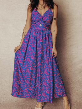 Blue Floral Print Twisted V Neck Tied Backless Maxi Dress
