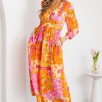 Orange Floral Patchwork Print Cut out Tied Back Bracelet Sleeve Maxi Dress