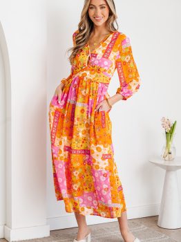 Orange Floral Patchwork Print Cut out Tied Back Bracelet Sleeve Maxi Dress