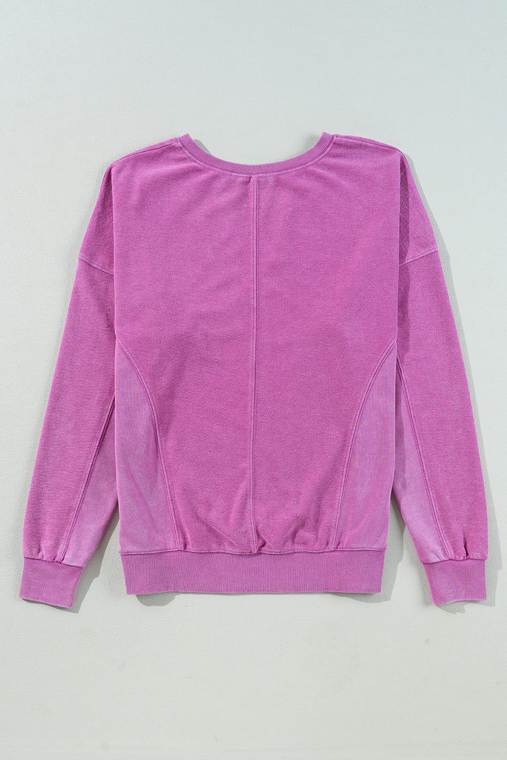 Bright Pink Solid Color Notched Neck Drop Shoulder Sweatshirt - Image 6