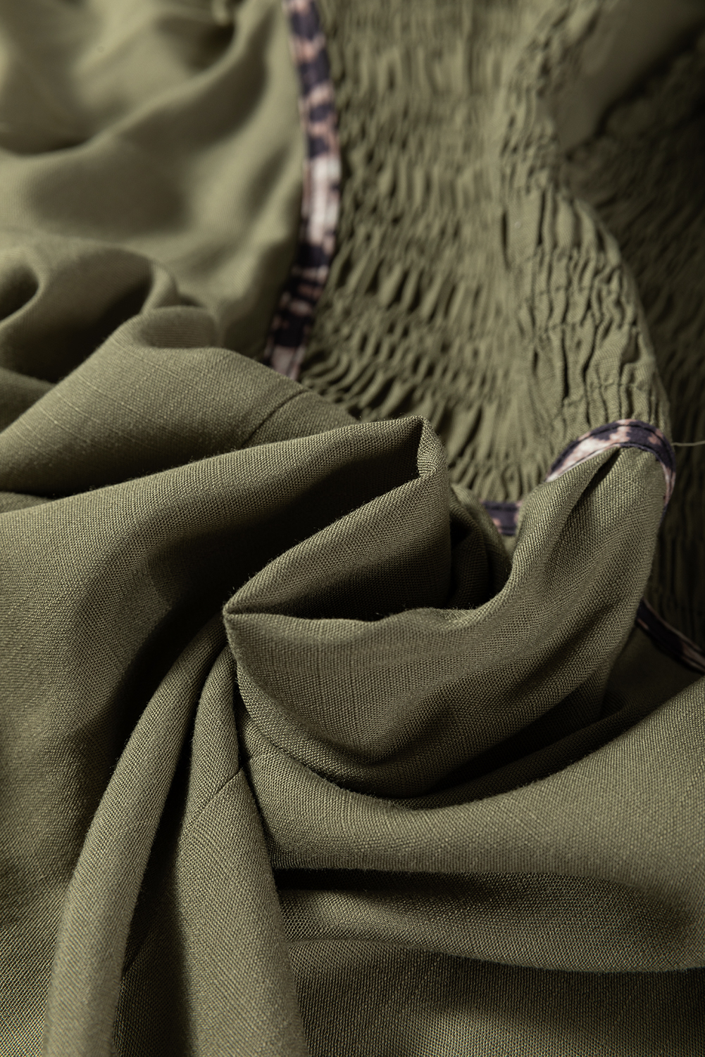 Four Leaf Clover Collared V Neck Smocked Detail Contrast Leopard Trim Bracelet Sleeve Long Dress - Image 8