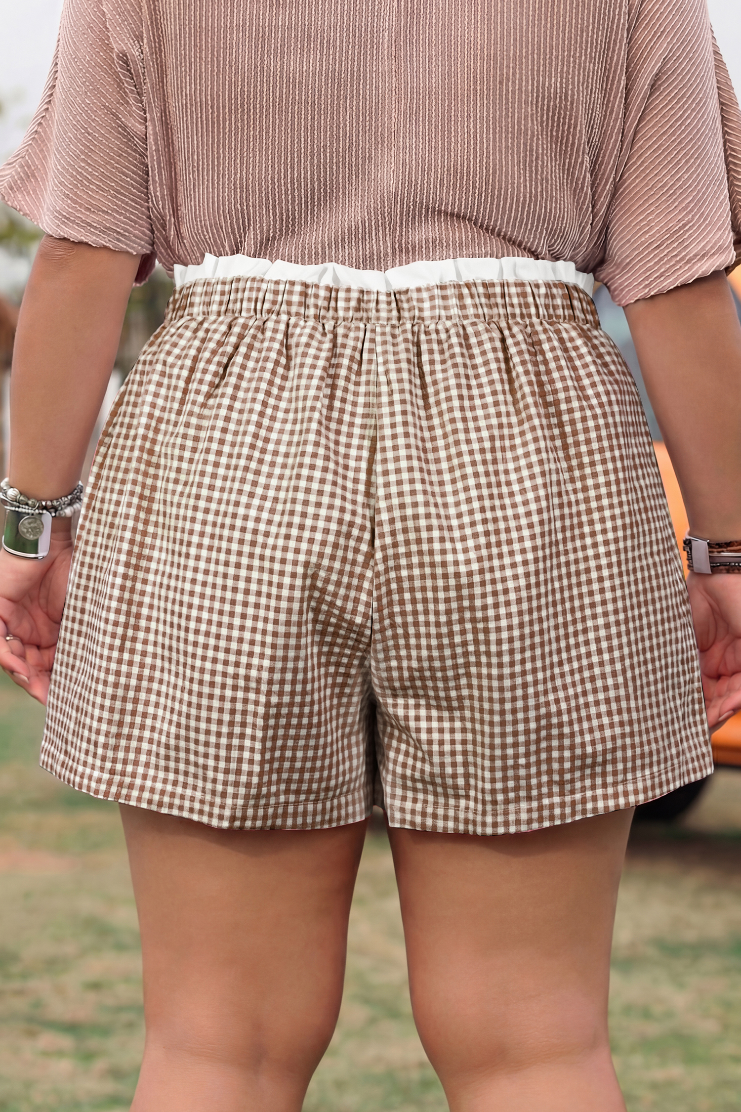 Khaki Contrast Trim Plaid Print Plus Size Shorts - Image 2
