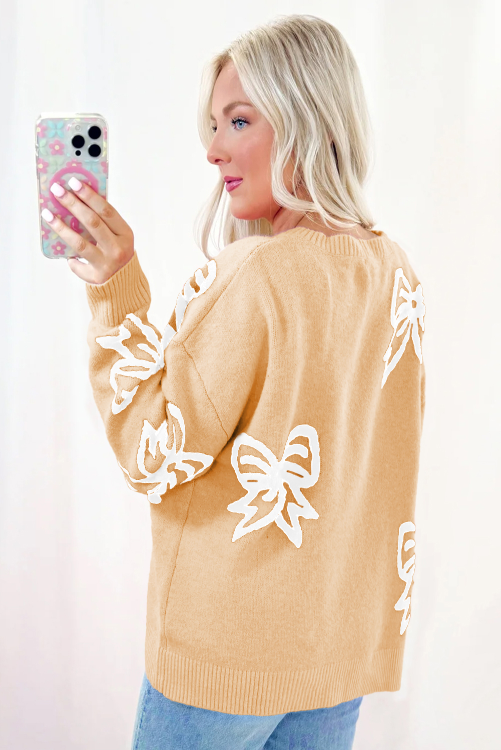 Golden Fleece Bow Pattern Drop Shoulder Loose Sweater - Image 2