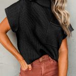 Black Patch Pocket Ribbed Knit Short Sleeve Sweater
