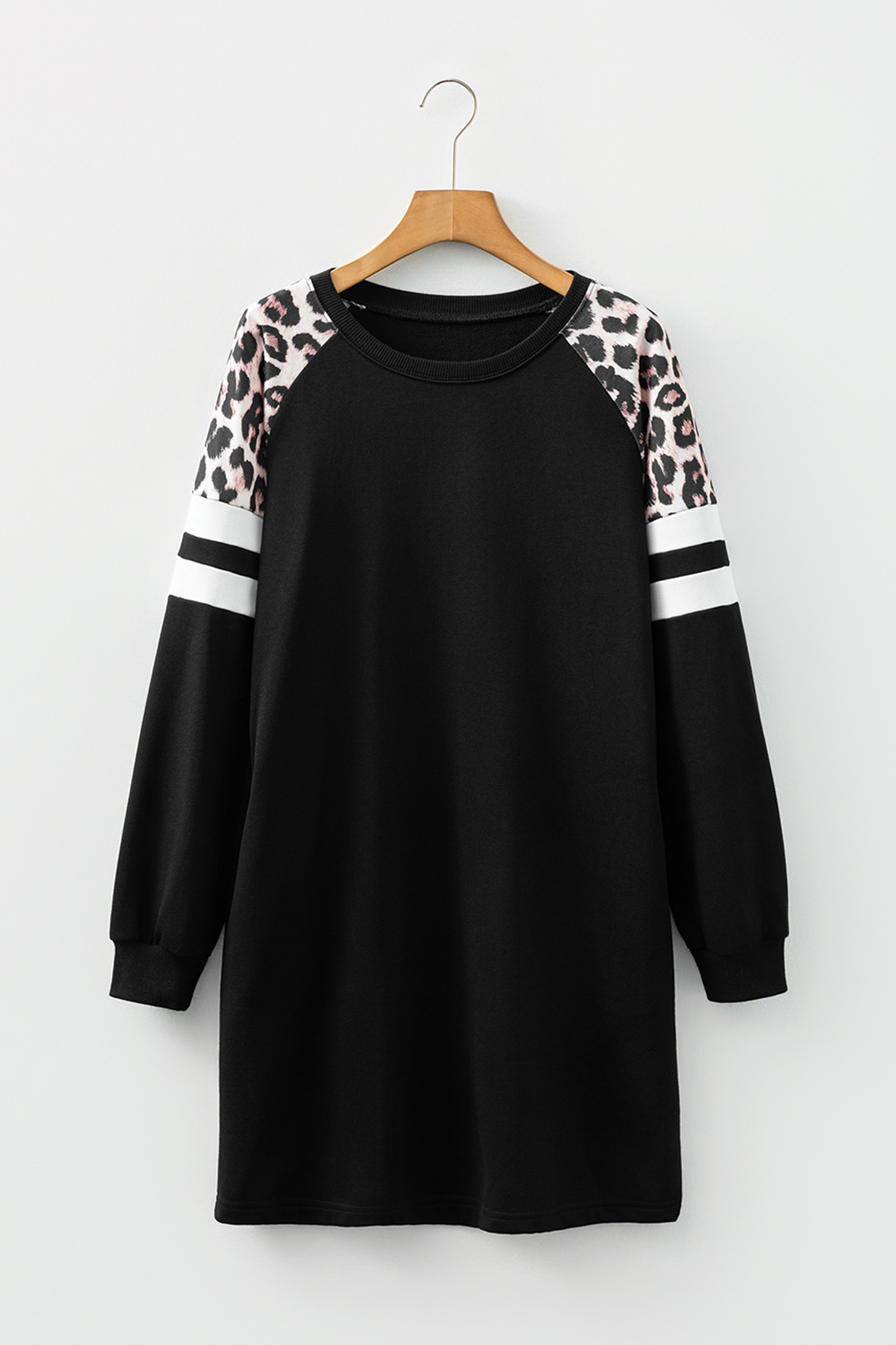 Black Leopard Print Patchwork Varsity Raglan Sleeve Sweatshirt Dress - Image 5