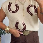 Parchment Corded Horseshoes Ribbed Trim Mock Neck Short Sleeve Sweater