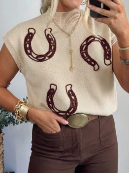 Parchment Corded Horseshoes Ribbed Trim Mock Neck Short Sleeve Sweater