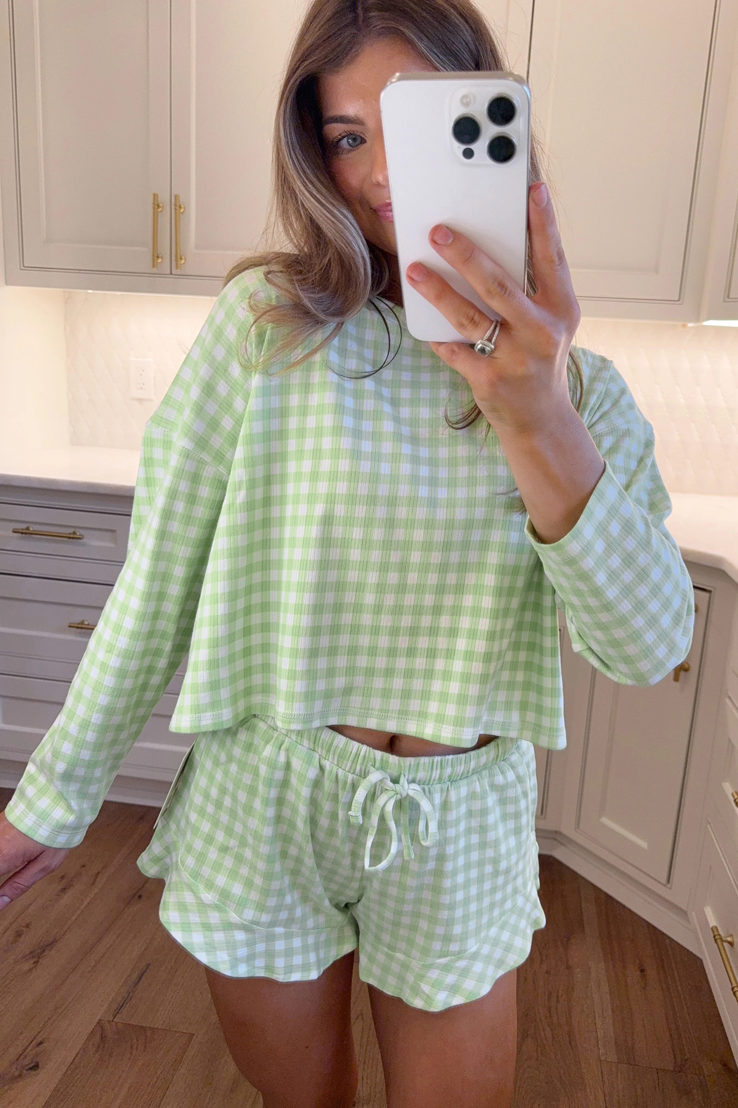 Green Gingham Long Sleeve Loose Top Drawstring Shorts 2pcs Lounge Set - Image 3