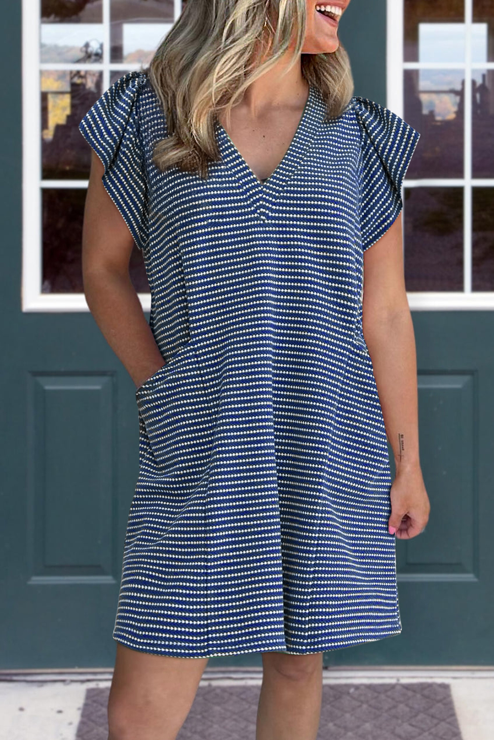 Blue Stripe Textured Knit V Neck Flutter Sleeve Shift Mini Dress - Image 3