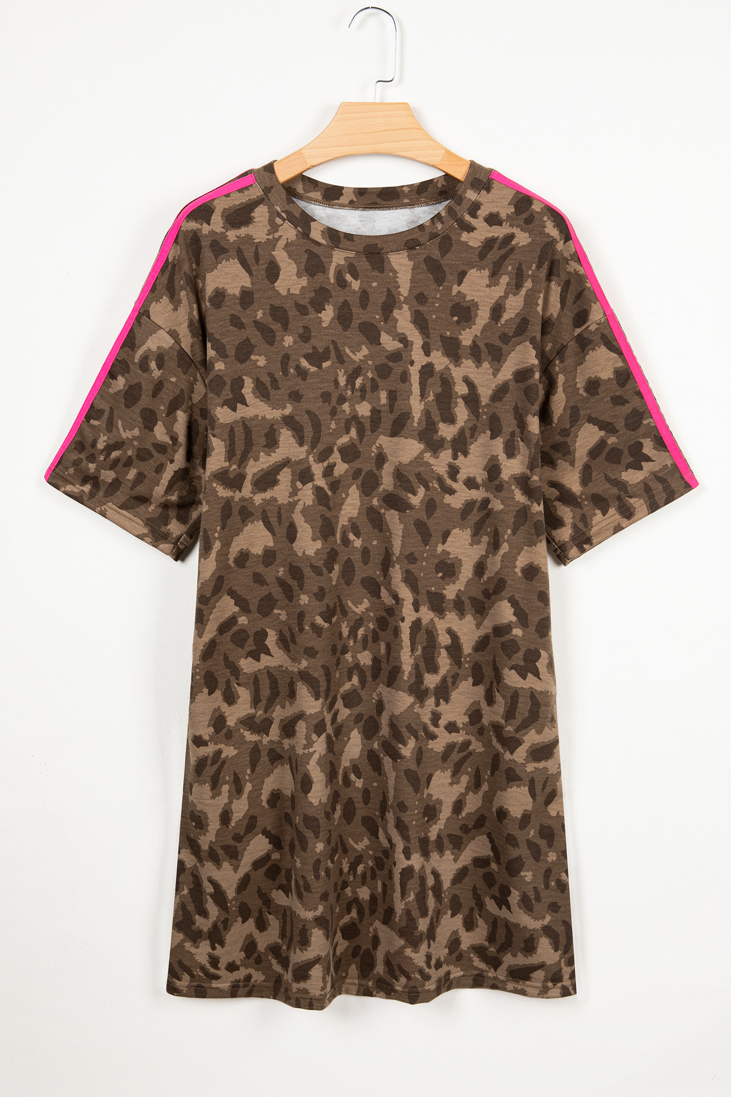 Brown Loose Contrast Striped Accent Leopard T Shirt Mini Dress with Pockets - Image 2