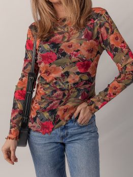 Multicolour Floral Print Lettuce Trim Long Sleeve Mesh Top