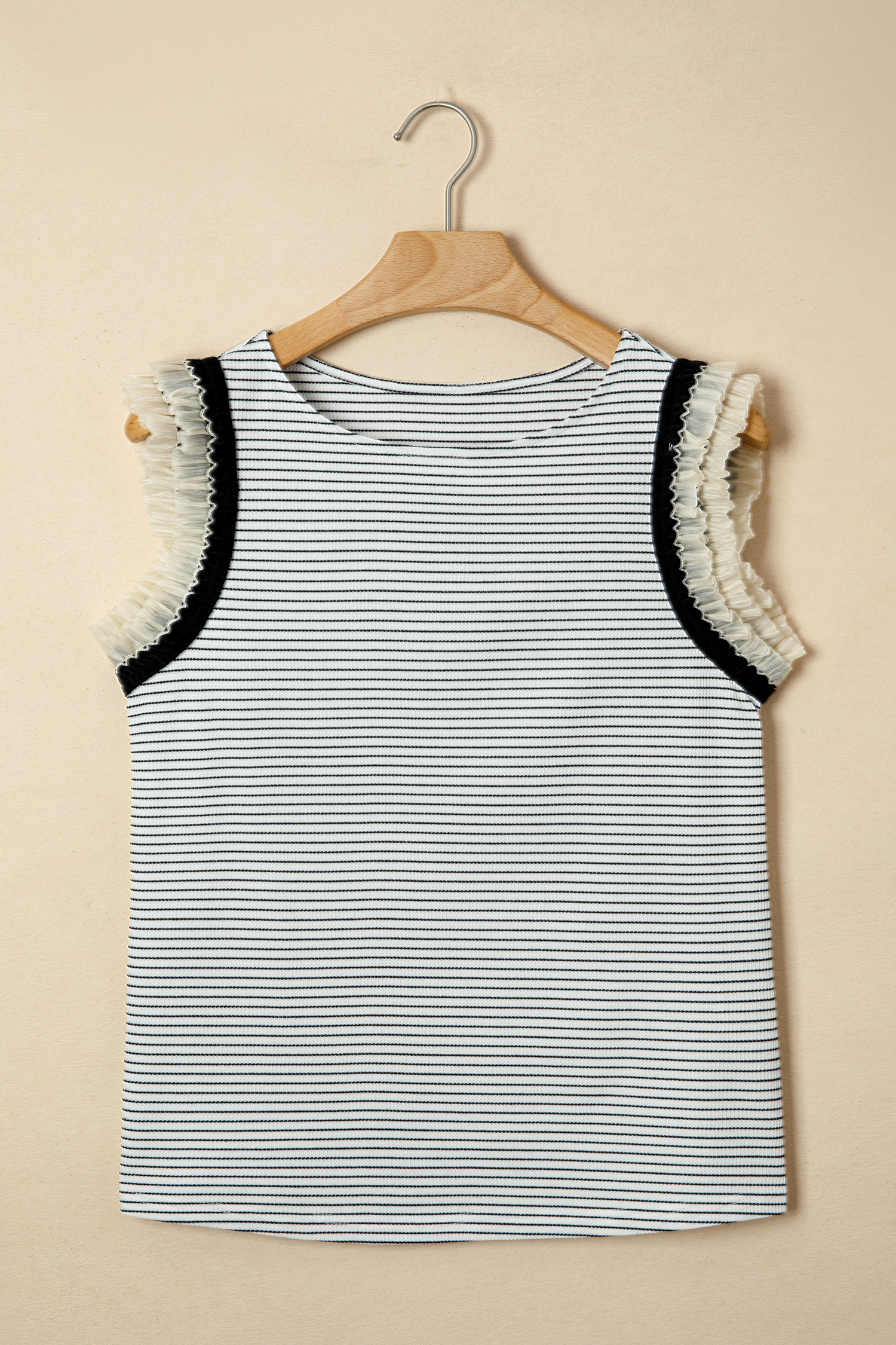 Black Stripe Contrasted Ruffle Trim Casual Tank Top - Image 2