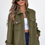 Blackish Green Solid Color Zip Up Button Flap Pocket Shirt Collar Jackets