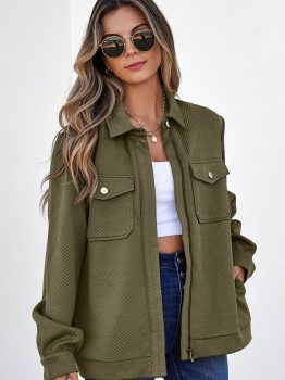 Blackish Green Solid Color Zip Up Button Flap Pocket Shirt Collar Jackets