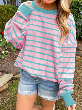 Pink Stripe Trimmed Round Neck Drop Shoulder Loose Sweater