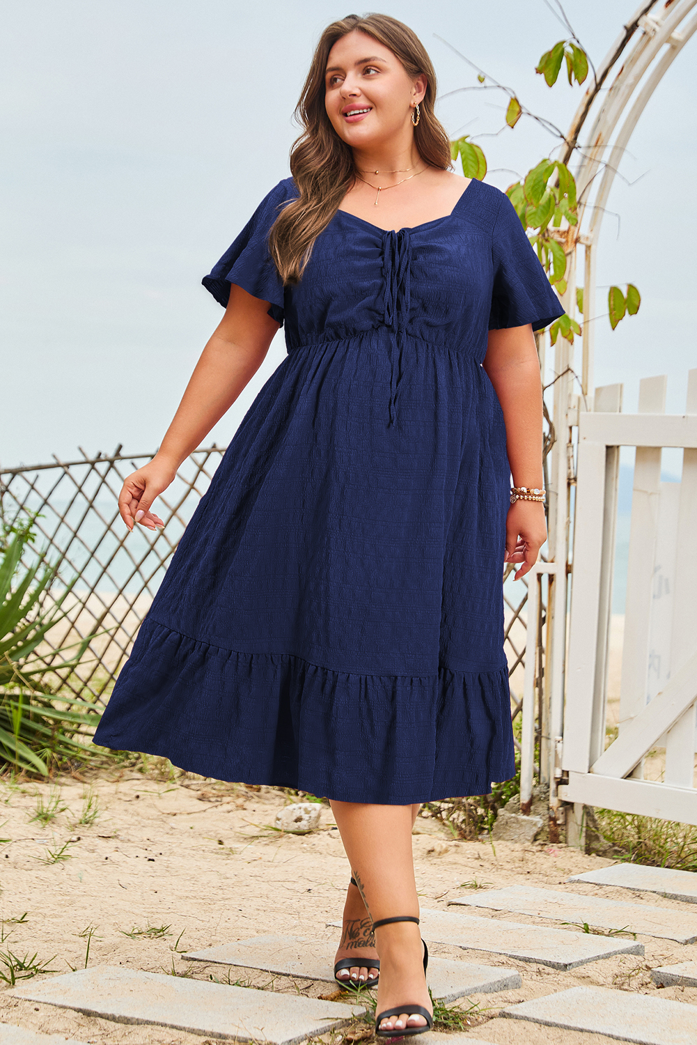 Blue Plus Size Short Sleeve Lace-up High Waist Midi Dress - Image 2