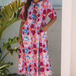 Rose Floral Tied Front High Waist Short Sleeve Loose Long Dress
