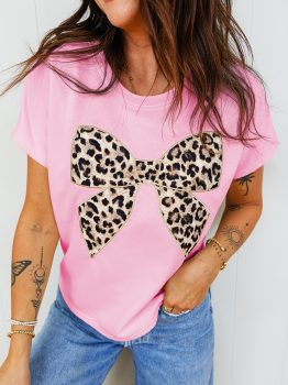 Pink Leopard Bow Embroidered Cotton Round Neck T Shirt