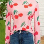 Pink Cherry Print Lettuce Trim Long Sleeve Mesh Top