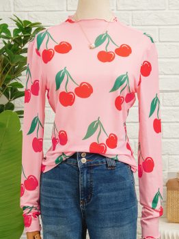 Pink Cherry Print Lettuce Trim Long Sleeve Mesh Top