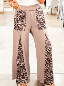 Straw Yellow Mineral Wash Leopard Patchwork Wide Leg Pants
