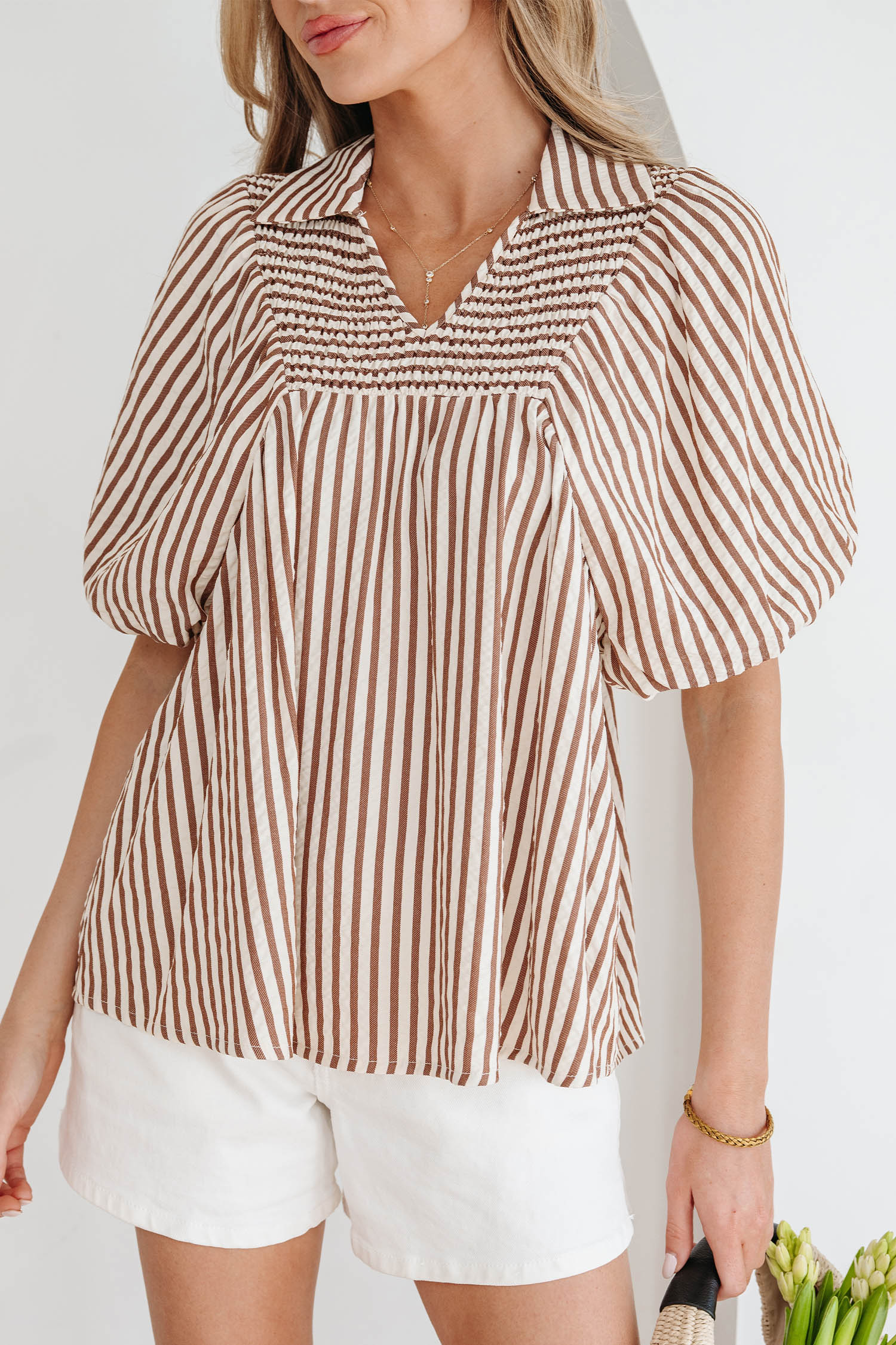 Brown Stripe Shirred V Neck Short Puff Sleeve Blouse - Image 8