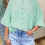 Moonlight Jade 3/4 Sleeve Boxy Knit Button Down Sweater Cardigan
