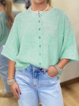 Moonlight Jade 3/4 Sleeve Boxy Knit Button Down Sweater Cardigan