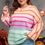 Pink Stripe Color Block Balloon Sleeve Crewneck Plus Size Sweater
